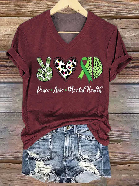 Women's Peace Love Mental Health V-neck Casual T-Shirt