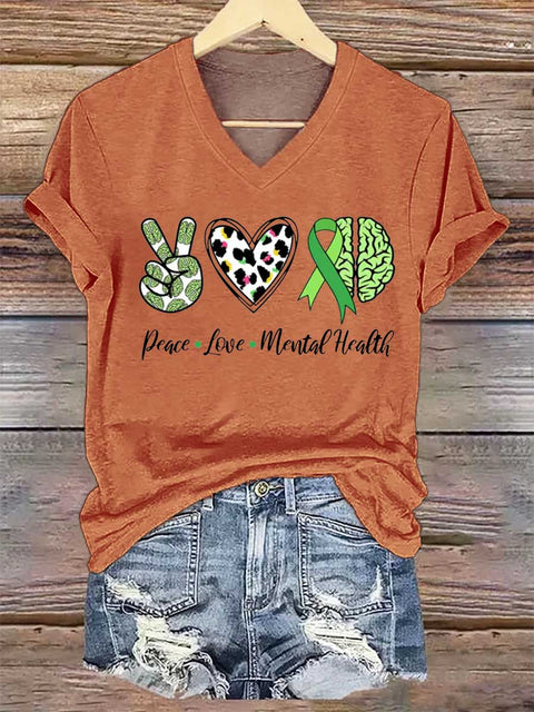 Women's Peace Love Mental Health V-neck Casual T-Shirt