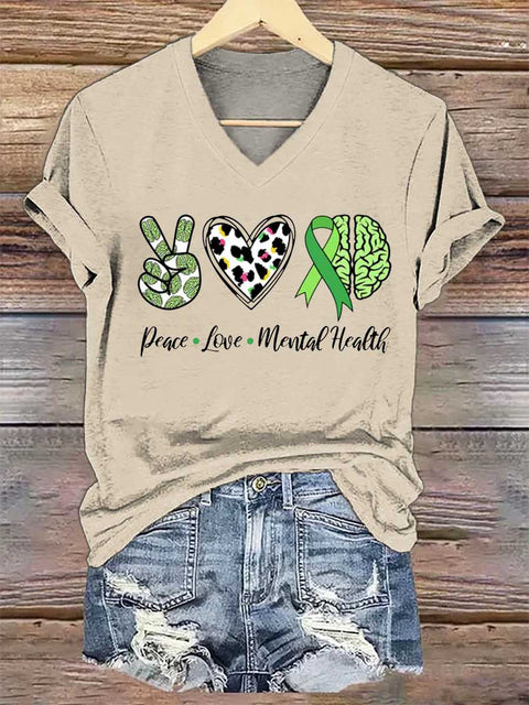 Women's Peace Love Mental Health V-neck Casual T-Shirt