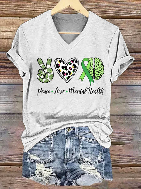 Women's Peace Love Mental Health V-neck Casual T-Shirt