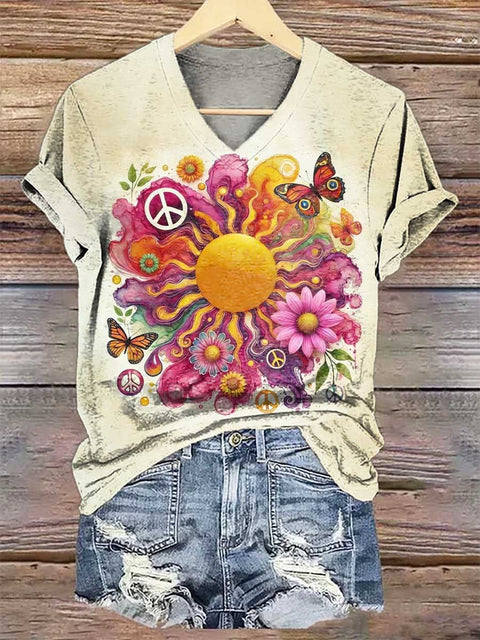 Women's Sun Floral Butterfly Peace Sign V-neck Casual T-Shirt