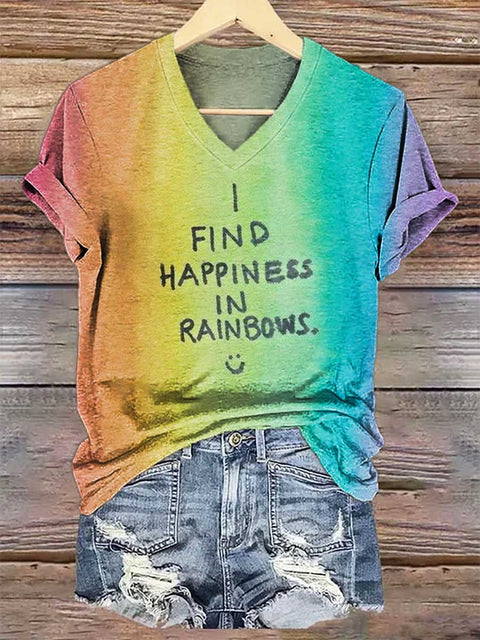 Women's I FIND HAPPINESS IN RAINBOWS. V-neck Casual T-Shirt