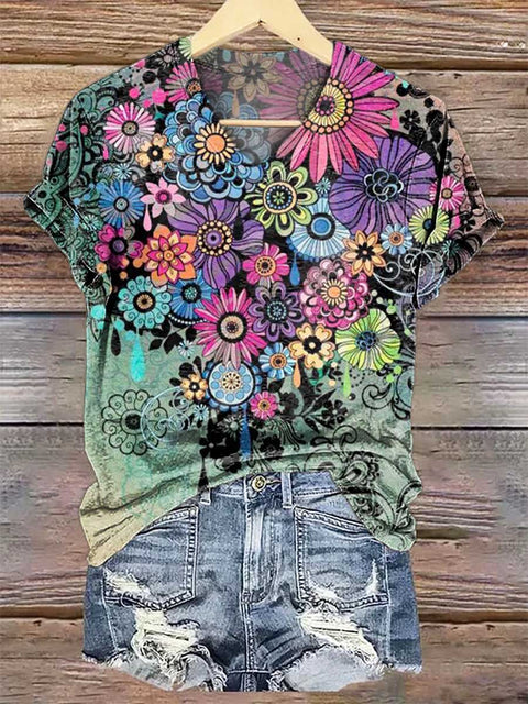 Women's Floral V-neck Casual T-Shirt