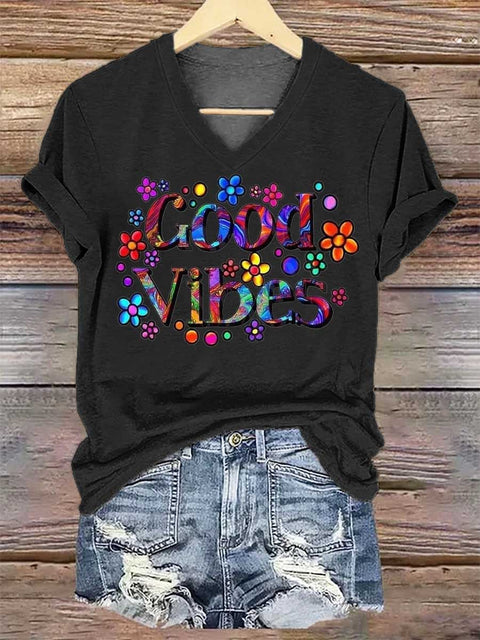 Women's Peace Floral V-neck Casual T-Shirt