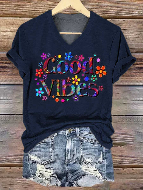 Women's Peace Floral V-neck Casual T-Shirt