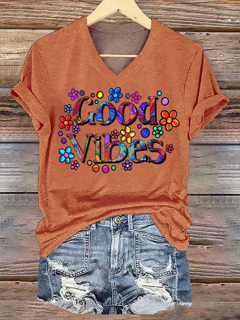 Women's Peace Floral V-neck Casual T-Shirt