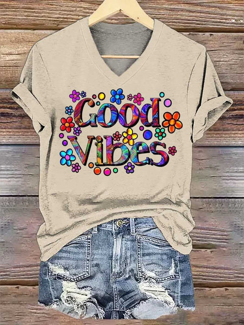 Women's Peace Floral V-neck Casual T-Shirt