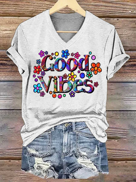 Women's Peace Floral V-neck Casual T-Shirt