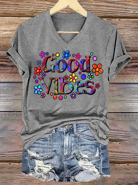 Women's Peace Floral V-neck Casual T-Shirt