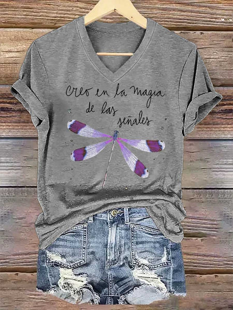 Women's Creo En La Magia De Las Señales Dragonfly V-neck Casual T-Shirt