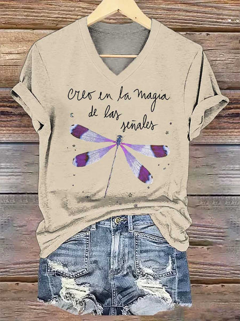 Women's Creo En La Magia De Las Señales Dragonfly V-neck Casual T-Shirt