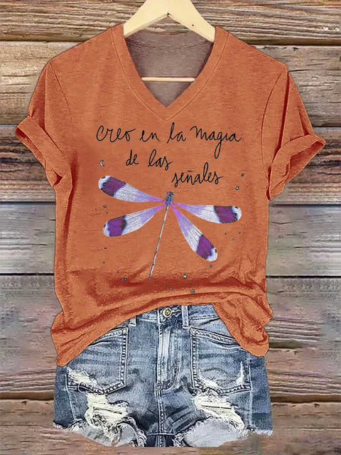 Women's Creo En La Magia De Las Señales Dragonfly V-neck Casual T-Shirt
