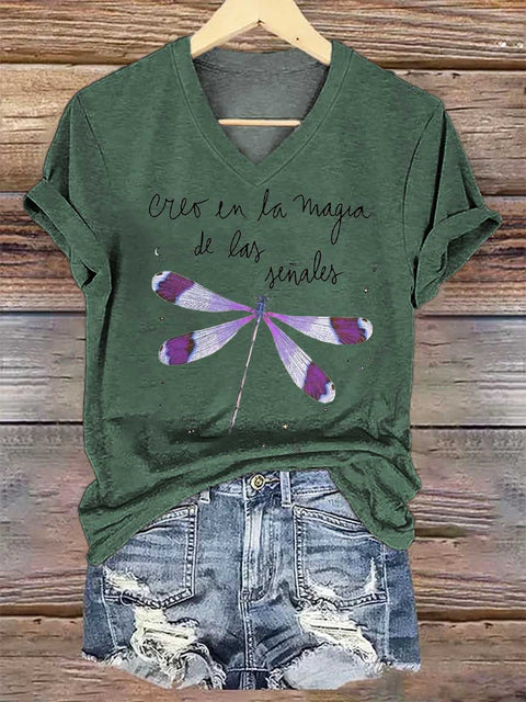 Women's Creo En La Magia De Las Señales Dragonfly V-neck Casual T-Shirt
