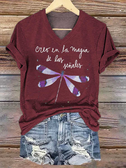 Women's Creo En La Magia De Las Señales Dragonfly V-neck Casual T-Shirt