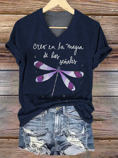 Women's Creo En La Magia De Las Señales Dragonfly V-neck Casual T-Shirt