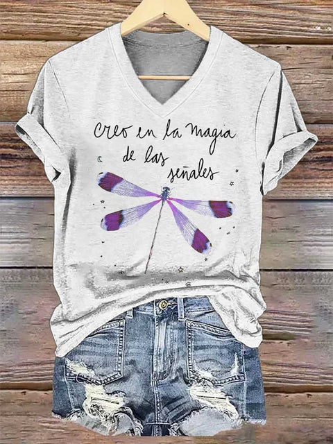 Women's Creo En La Magia De Las Señales Dragonfly V-neck Casual T-Shirt
