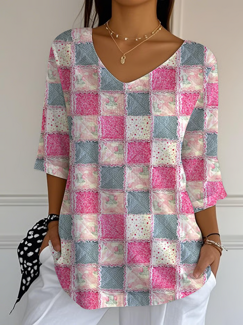 Women's Breast Cancer Ribbed Fabric Print Casual Cotton Short Sleeve V-neck Shirt