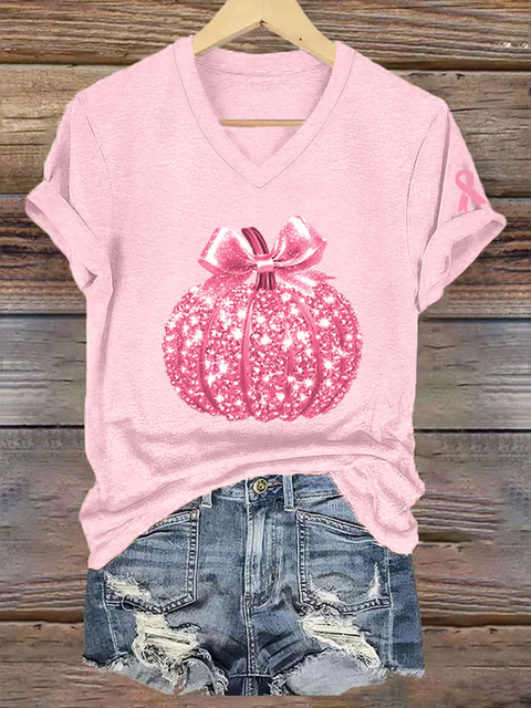 Women's Sequined Pumpkin Breast Cancer Awareness V-neck Casual T-Shirt