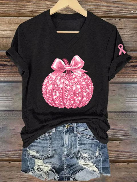 Women's Sequined Pumpkin Breast Cancer Awareness V-neck Casual T-Shirt