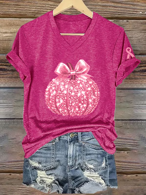 Women's Sequined Pumpkin Breast Cancer Awareness V-neck Casual T-Shirt