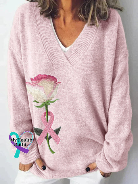 3D Rose With Pink Ribbon Embroidered Cozy Knit Sweater / S