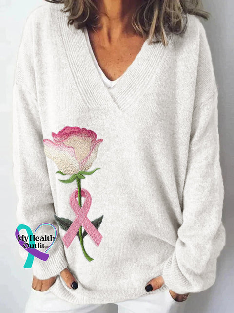 3D Rose With Pink Ribbon Embroidered Cozy Knit Sweater White / S