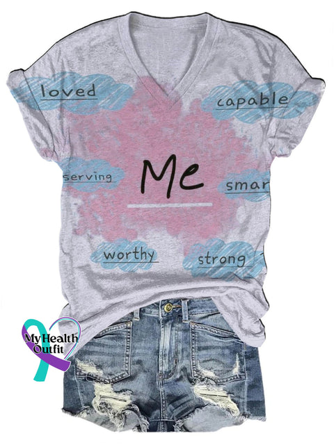 About Me Printed Casual V-Neck Short Sleeve T-Shirt Multicolor / S