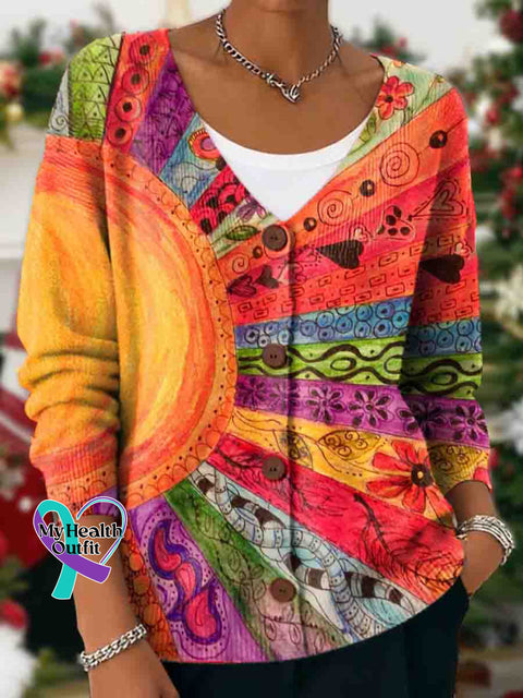 Abstract Art Print Buttoned V-neck Cardigan Sweater Multicolor / S