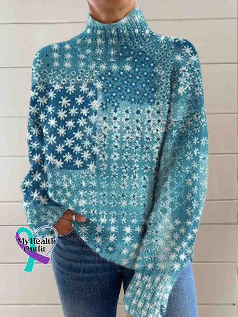 Abstract Blue Flowers Art Print Knit Turtleneck Pullover Sweater Multicolor / S