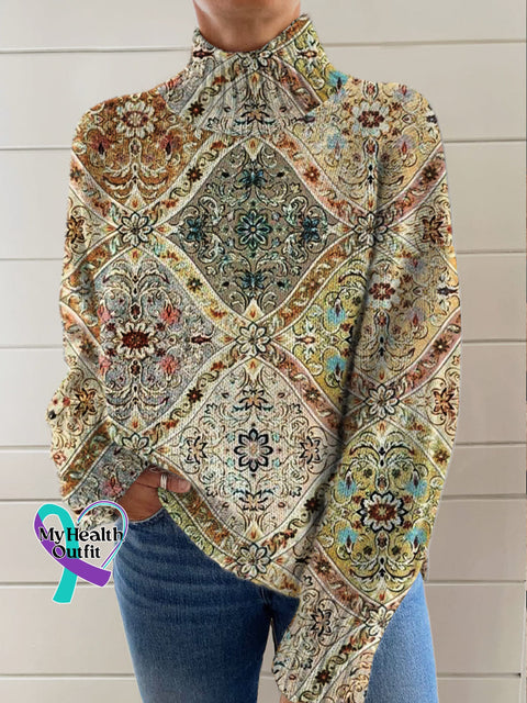 Abstract Flora Art Print Knit Turtleneck Pullover Sweater Multicolor / S