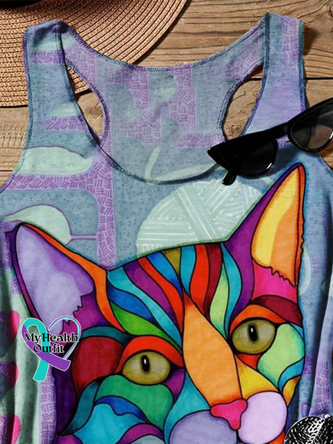 Abstract Geometric Cat Art Design Print Tank Top