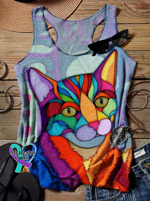 Abstract Geometric Cat Art Design Print Tank Top Muilticolor / S
