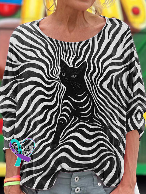 Abstract Pattern Cat Art Print Casual Long Sleeve T shirt Multicolor / S