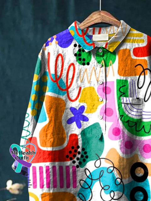 Abstrct Art Printed Women’s Casual Cotton And Linen Shirt