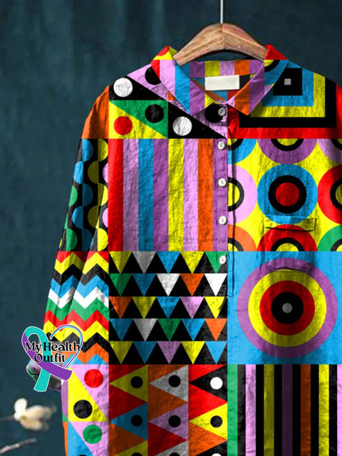 Abstrct Art Printed Women’s Casual Cotton And Linen Shirt