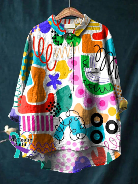 Abstrct Art Printed Women’s Casual Cotton And Linen Shirt Multicolor / S