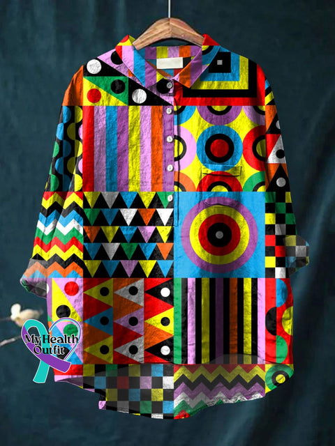 Abstrct Art Printed Women’s Casual Cotton And Linen Shirt Multicolor / S