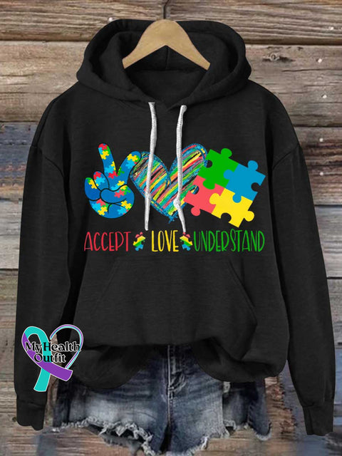 ACCEPT LOVE UNDERSTAND Autism Awareness Casual Hoodie Sweatshirt Black / S
