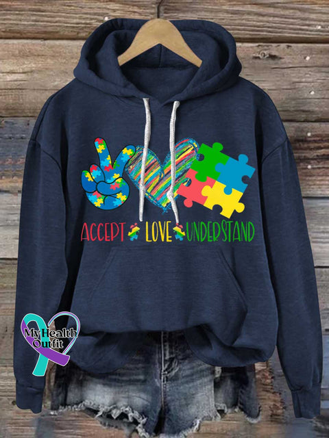 ACCEPT LOVE UNDERSTAND Autism Awareness Casual Hoodie Sweatshirt Blue / S
