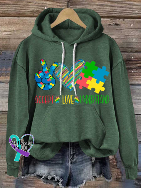ACCEPT LOVE UNDERSTAND Autism Awareness Casual Hoodie Sweatshirt Green / S
