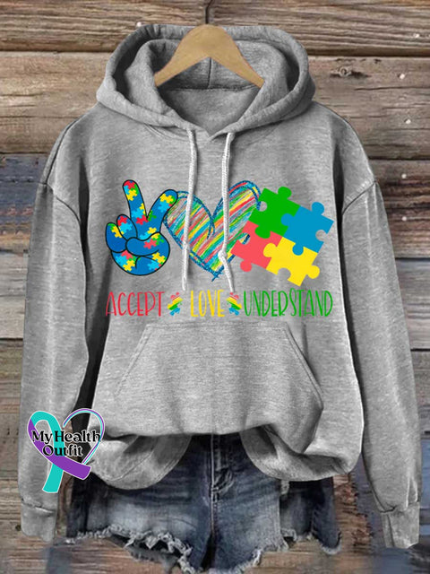 ACCEPT LOVE UNDERSTAND Autism Awareness Casual Hoodie Sweatshirt Grey / S