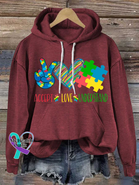 ACCEPT LOVE UNDERSTAND Autism Awareness Casual Hoodie Sweatshirt Red / S