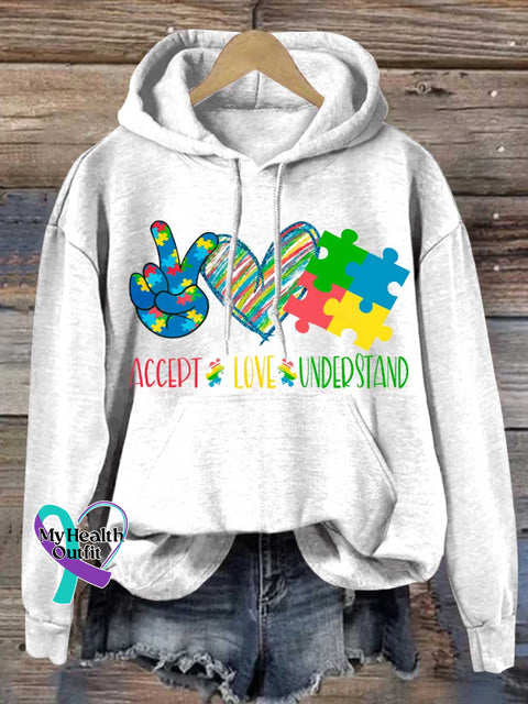 ACCEPT LOVE UNDERSTAND Autism Awareness Casual Hoodie Sweatshirt White / S