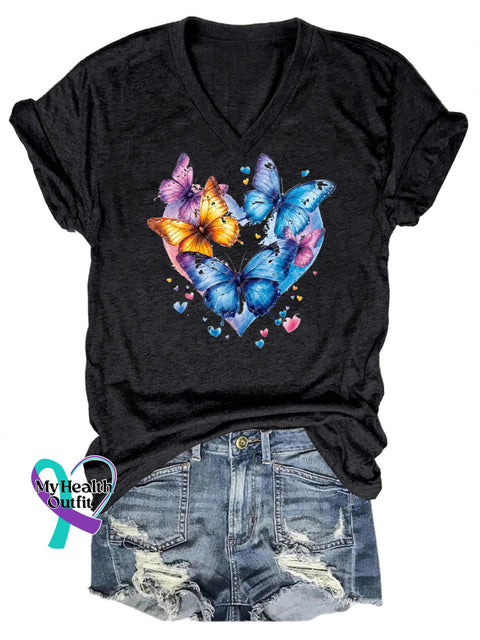 Aesthetic butterfly love print V-neck casual short-sleeved T-shirt Black / S