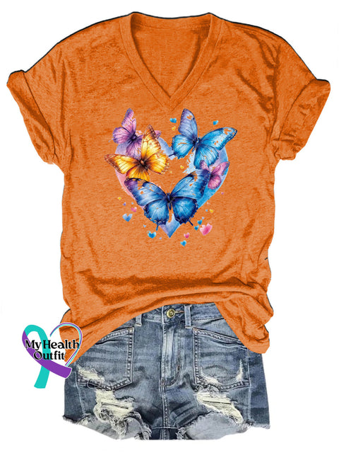 Aesthetic butterfly love print V-neck casual short-sleeved T-shirt Orange / S