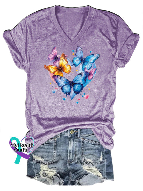 Aesthetic butterfly love print V-neck casual short-sleeved T-shirt Purple / S