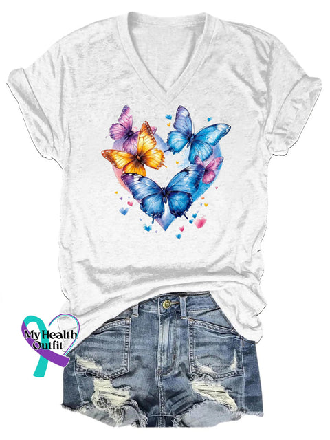 Aesthetic butterfly love print V-neck casual short-sleeved T-shirt White / S
