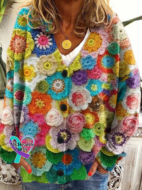 Aesthetics Spring Wildflowers Print Buttoned V-Neck Cardigan Sweater Multicolor / S