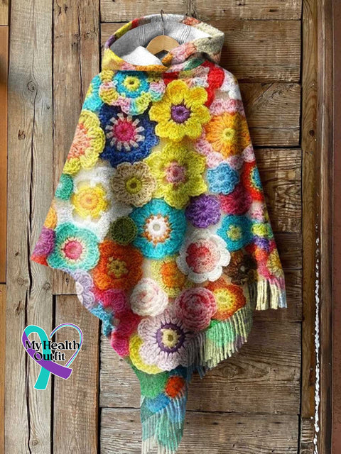Women’s Aesthetics Spring Wildflowers Print Casual Knitted Blanket Poncho Hood Cape Multicolor /