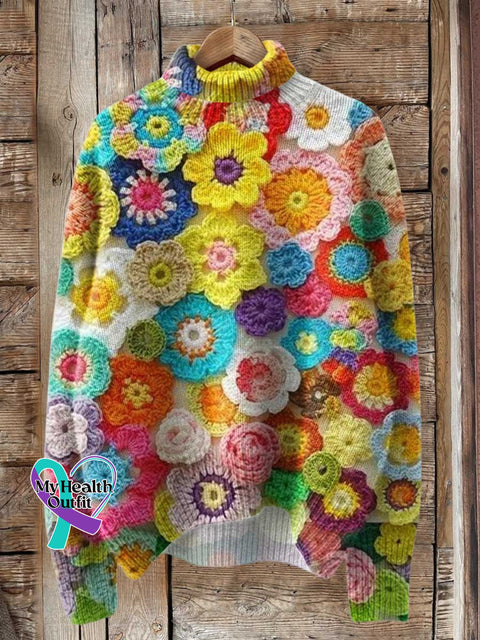 Aesthetics Spring Wildflowers Print Knit Turtleneck Pullover Sweater Multicolor / S